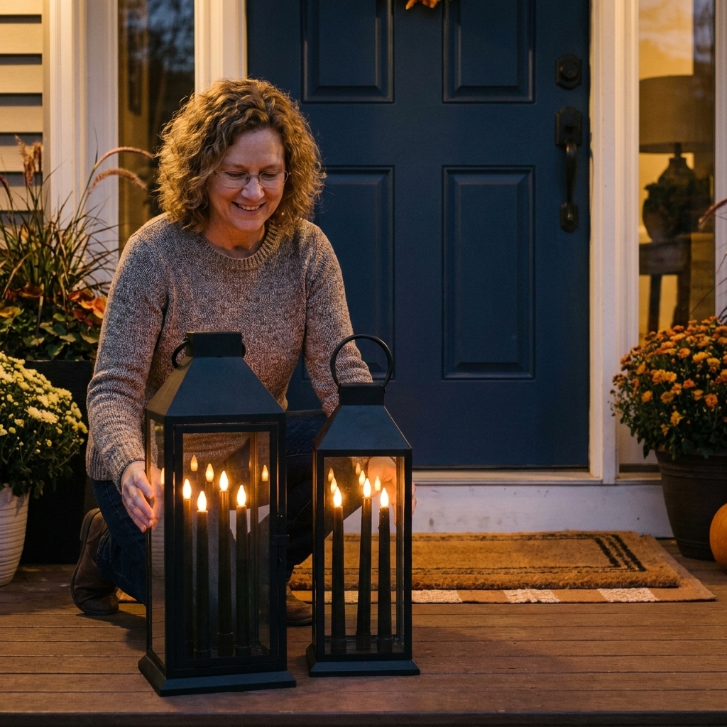 Two black metal lanterns on a front porch, each holding battery-powered black taper candles glowing warmly near a dark painted front door