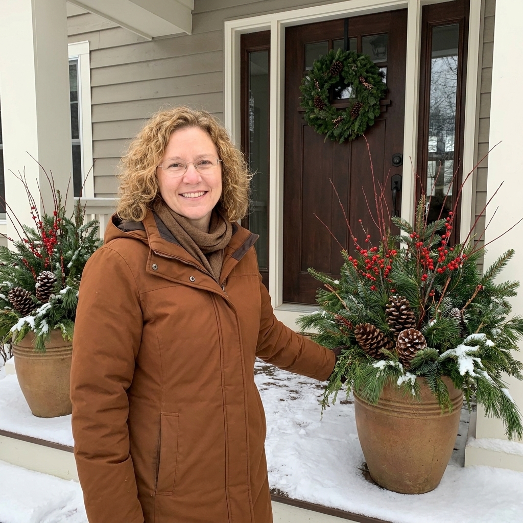 Two large front porch planters filled with cut evergreen branches, pinecones, and twig accents flanking a front door on a winter day