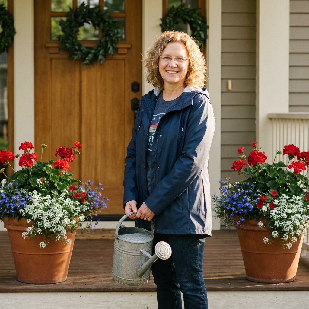 Two large porch planters filled with red geraniums, white alyssum, and small blue flowers framing a front door with simple greenery