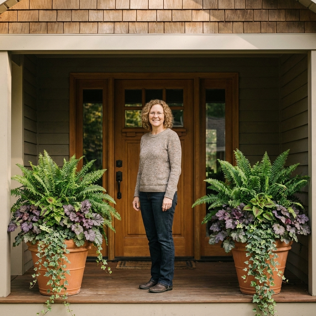 Two matching planters flanking a front door under a covered porch roof, planted with ferns, heuchera, and trailing greenery
