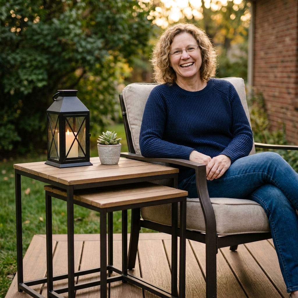 Two nesting outdoor side tables beside a chair in a small outdoor space, with a lantern and a small plant on the top table