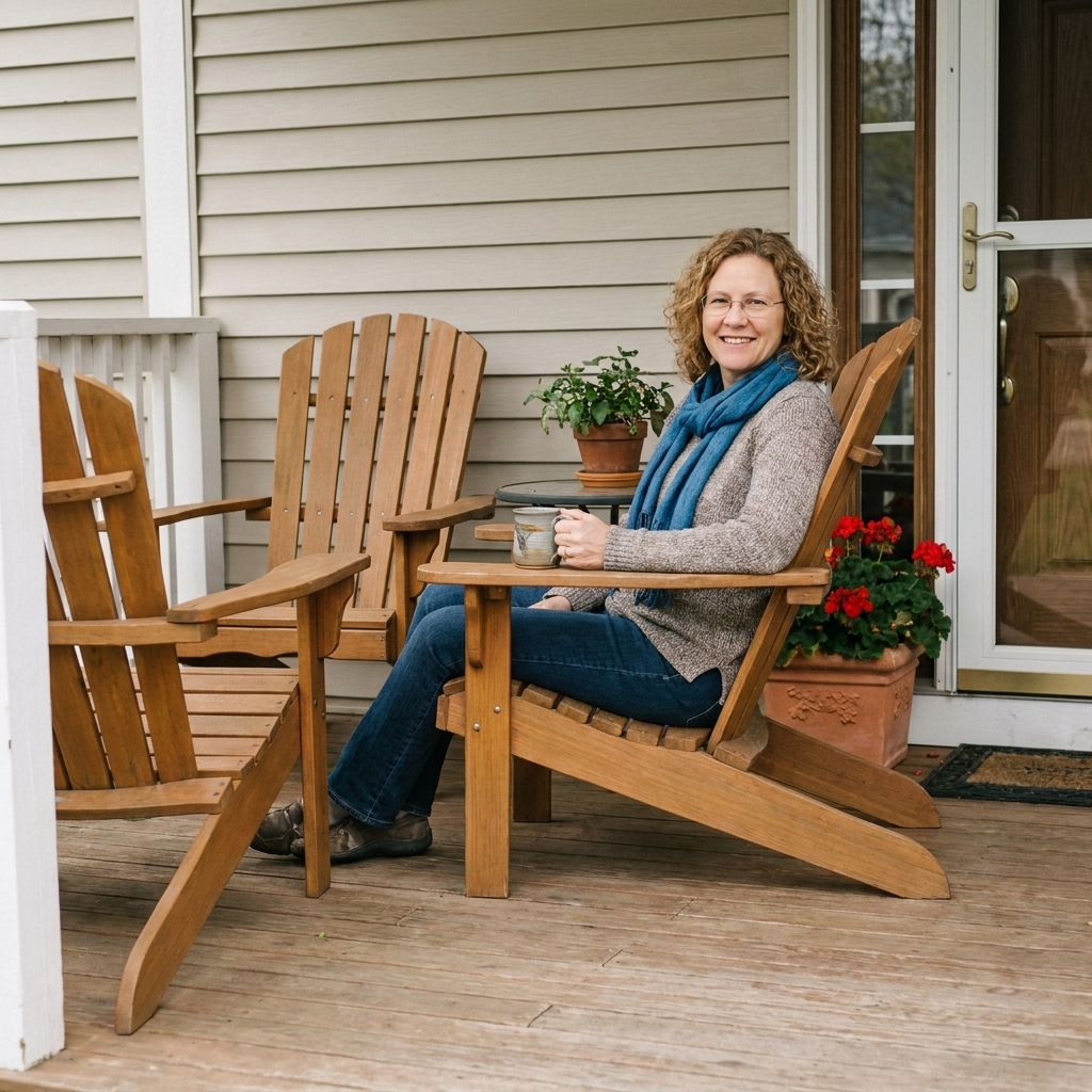 Two outdoor chairs on a small front porch placed at a slight angle facing each other with a petite round table between them and a planter by the door
