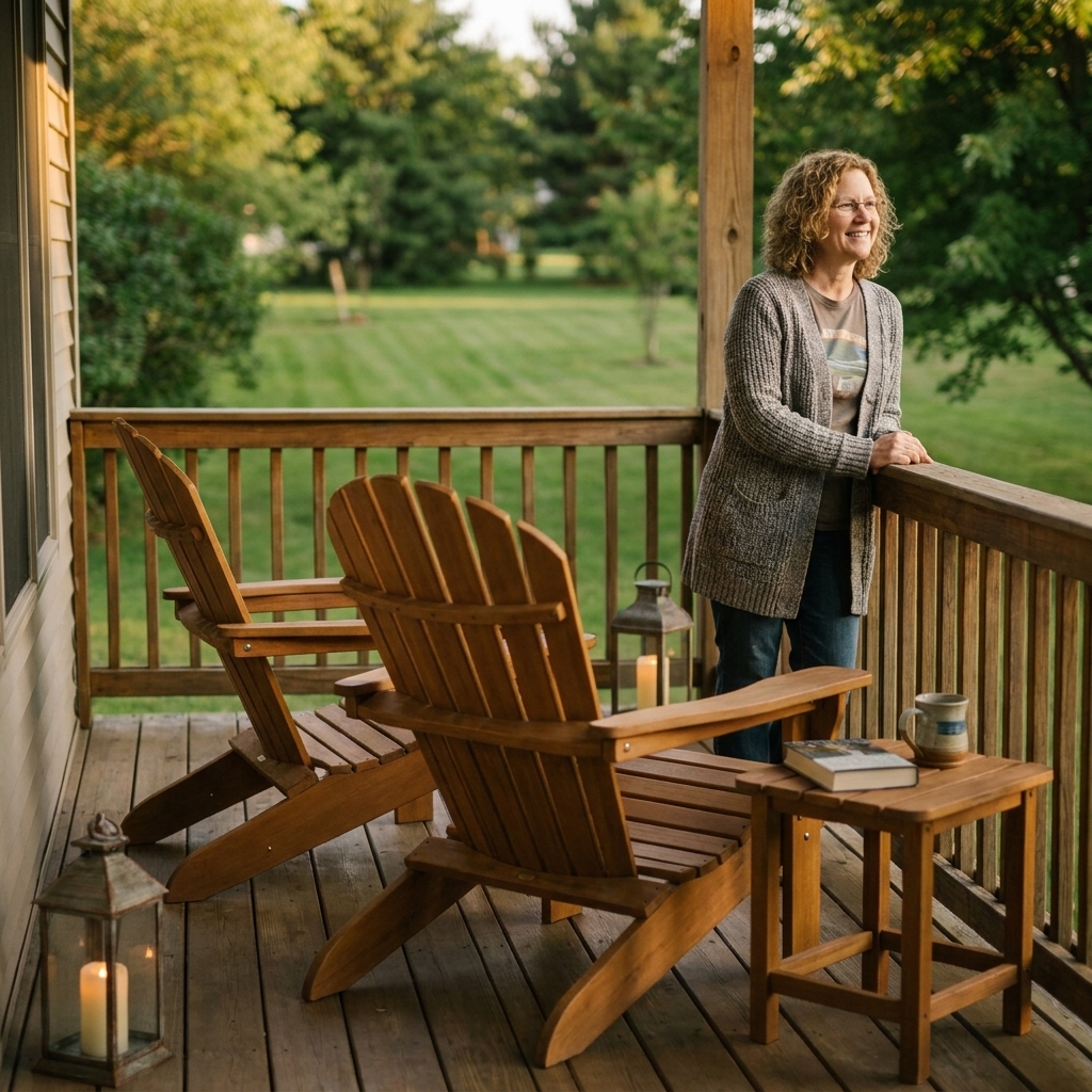 Two porch chairs placed side-by-side facing the yard with a small accent table at one end and a lantern on the floor near the railing