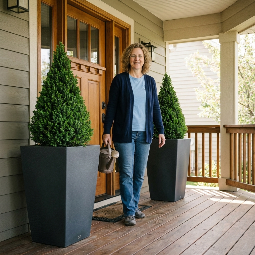 Two tall square fiberglass planters flanking a front entry door, each filled with structured evergreen shrubs on a covered porch