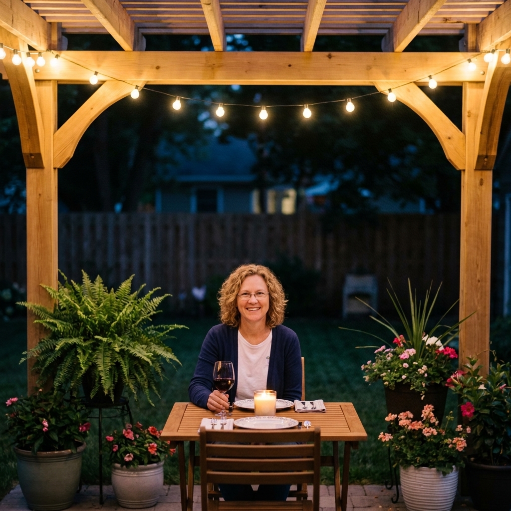Warm white bistro lights glowing under a backyard pergola at night, with a small dining table and plants creating a cozy outdoor ambiance