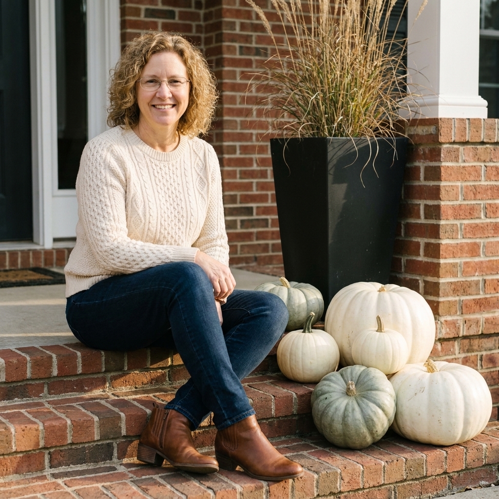 White pumpkins and muted green gourds arranged in a tidy cluster on brick front steps beside a tall black planter with dried grasses